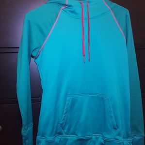 Blue hoddie with pink drawstring